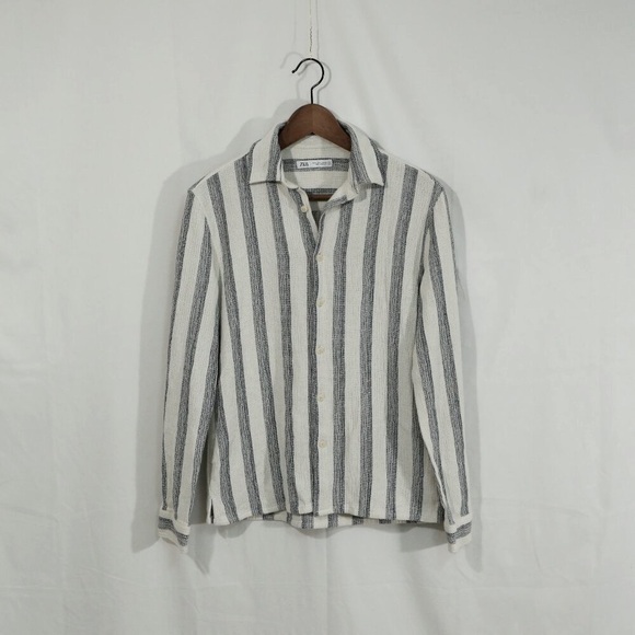 Zara Striped Button Up Shirt Small Beige gray Long Sleeve Casual Morocco - Picture 1 of 9